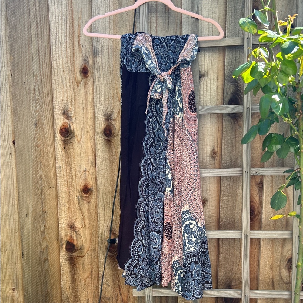 Boho Tie-Front Skirt in Blue Designs with Deep red. Stretchy Waste. OS, XS-M